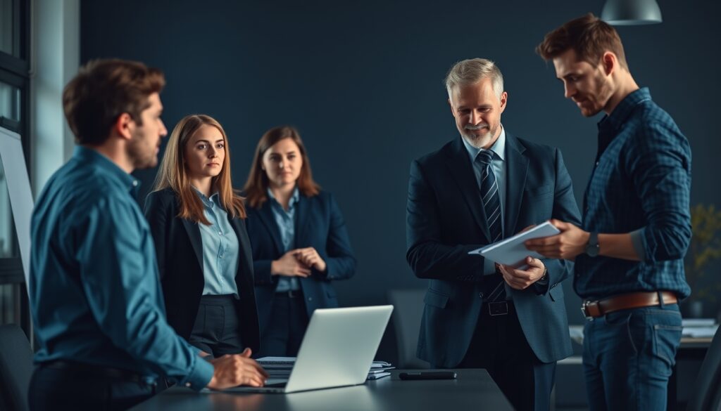 leadership et management : Leader inspirant une équipe, manager organisant des tâches dans des tons sombres.