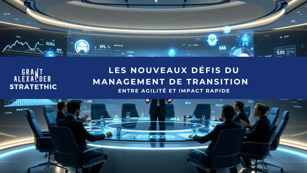 Un bureau exécutif minimaliste et futuriste où un manager de transition présente des résultats à des dirigeants. Des hologrammes montrent l'évolution des KPIs. La pièce est baignée d'une lumière bleue douce, avec des écrans transparents affichant des données en temps réel. L'ambiance est professionnelle et high-tech."