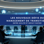 Un bureau exécutif minimaliste et futuriste où un manager de transition présente des résultats à des dirigeants. Des hologrammes montrent l'évolution des KPIs. La pièce est baignée d'une lumière bleue douce, avec des écrans transparents affichant des données en temps réel. L'ambiance est professionnelle et high-tech."