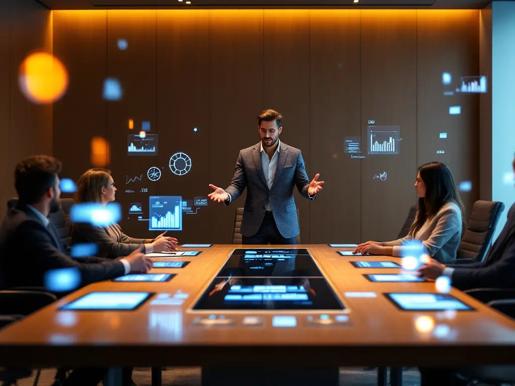 Une salle de réunion moderne baignée de lumière bleue, où un manager de transition en costume élégant dirige une session stratégique. Des hologrammes de données et graphiques flottent autour de la table. Certains participants sont présents physiquement, d'autres en projection holographique, illustrant le management hybride. L'ambiance est dynamique, avec des écrans tactiles montrant des KPIs en temps réel.