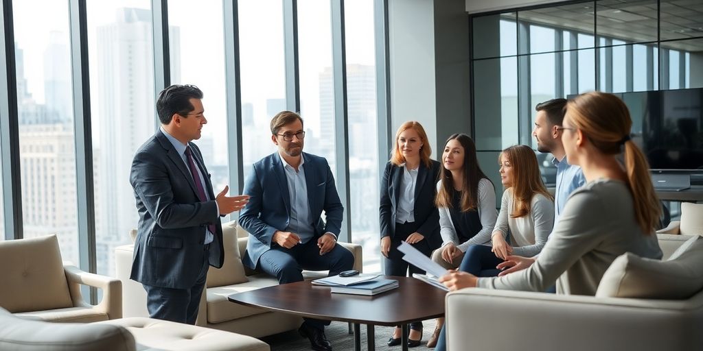 Manager de transition avec une équipe au bureau moderne.