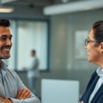 Deux personnes en discussion dans un cadre professionnel.