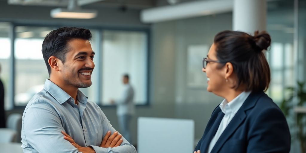 Deux personnes en discussion dans un cadre professionnel.