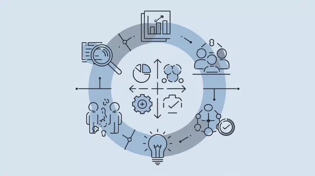 Illustration vectorielle moderne montrant les différentes étapes d'un diagnostic par un cabinet de management de transition : workflow circulaire en 5 étapes avec icônes business (loupe, graphiques, équipe, solutions, validation), style épuré, couleurs bleu professionnel et gris, pictogrammes minimalistes.