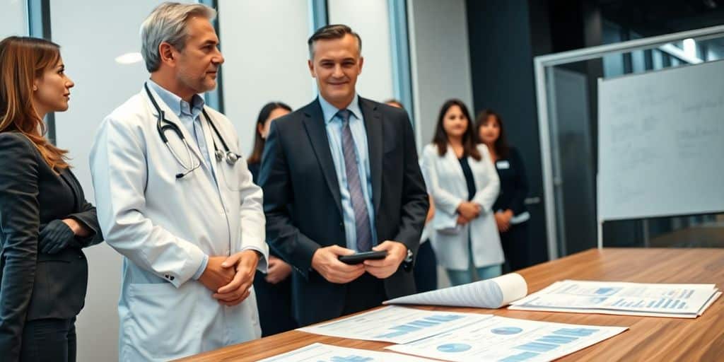 Manager de transition en santé avec équipe et documents.