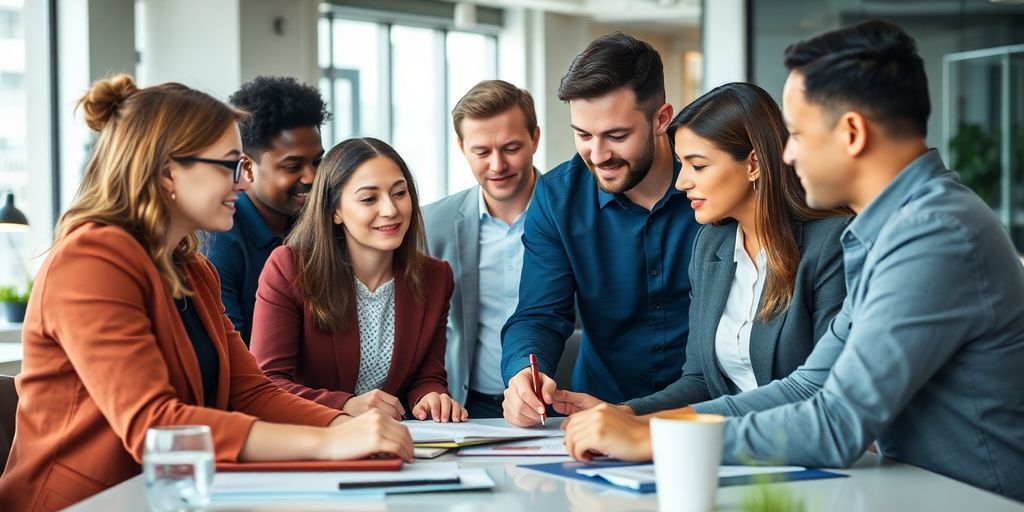 société de management de transition pour accompagner le changement dans les entreprises: Groupe divers de professionnels en réunion dans un bureau.